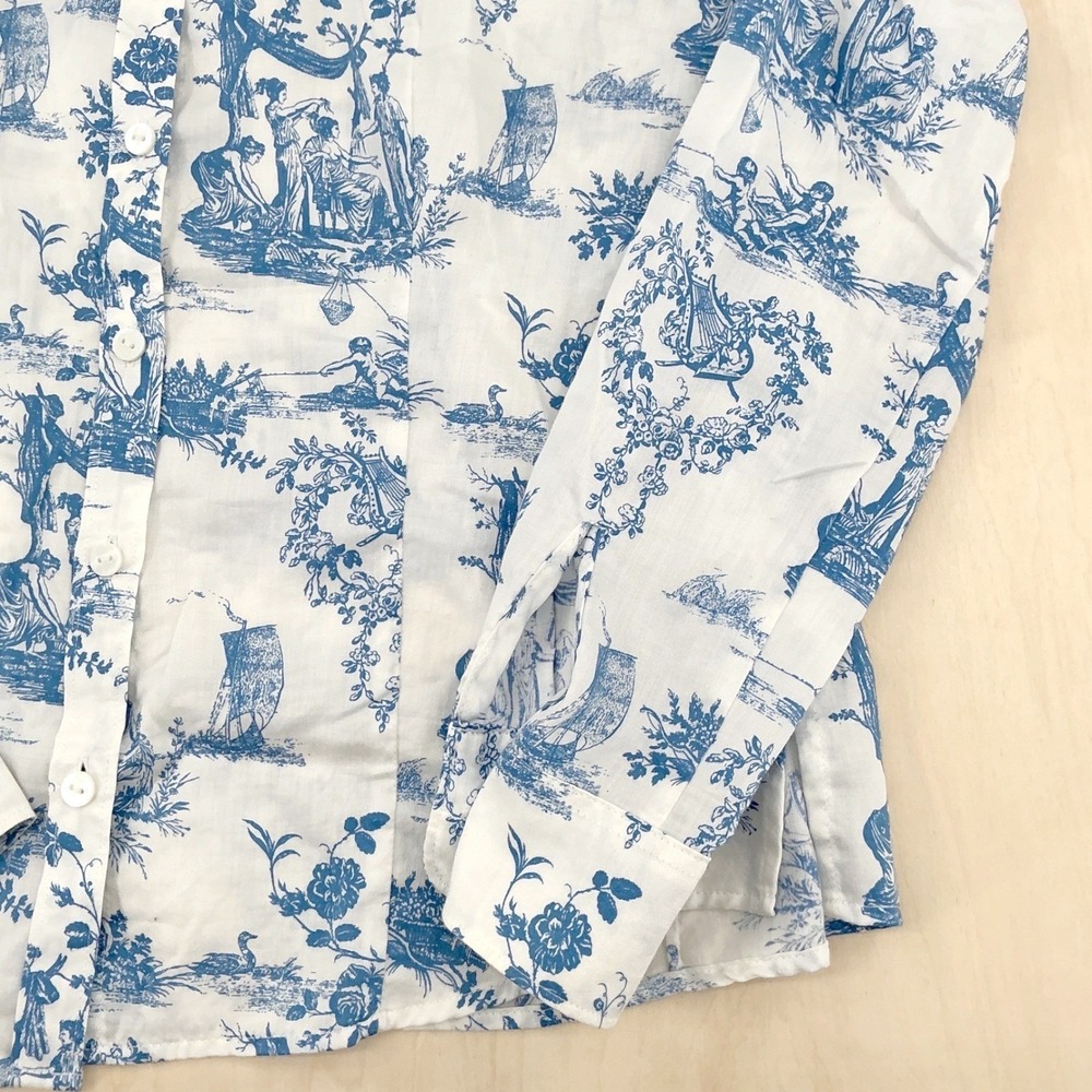 Womens Foxcroft Toile de Jouy Button Down Shirt 8P Blue White Fitted Fit Petite - Picture 7 of 8